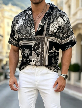 Camasi Luxury - camasa maneca scurta imprimeu alb negru palmieri