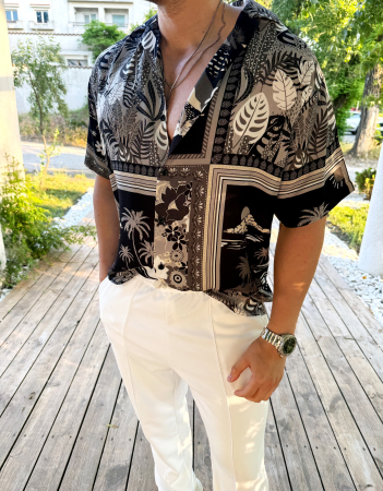 Camasi Luxury - camasa maneca scurta imprimeu alb negru palmieri