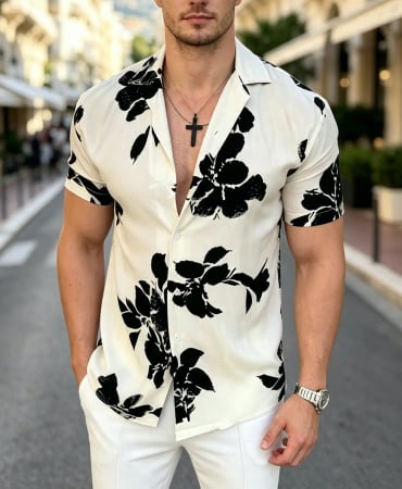 Camasi Luxury - Camasa maneca scurta imprimeu flori negre