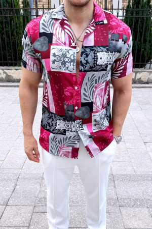 Camasi Luxury - camasa maneca scurta imprimeu gri cu roz