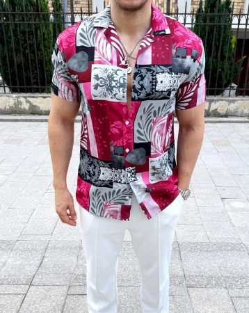 Camasi Luxury - camasa maneca scurta imprimeu gri cu roz
