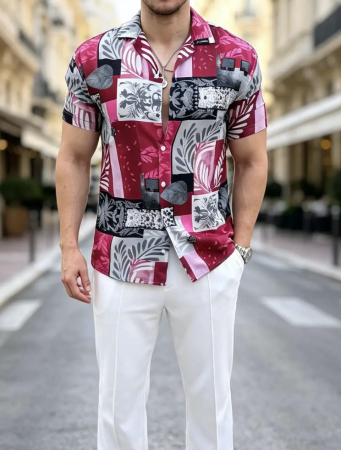Camasi Luxury - camasa maneca scurta imprimeu gri cu roz