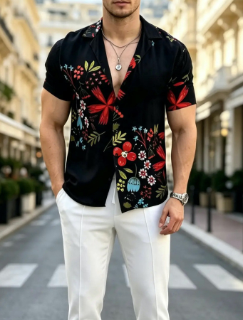 Camasi Luxury - camasa maneca scurta neagra imprimeu flori