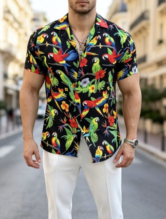 Camasi Luxury - camasa maneca scurta neagra tropical 22