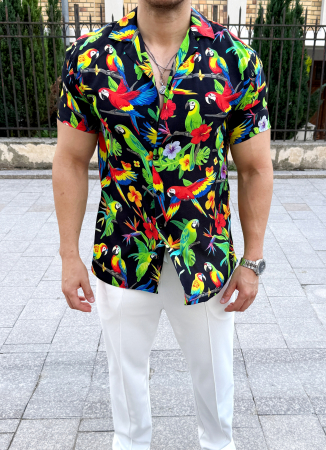 Camasi Luxury - camasa maneca scurta neagra tropical 22