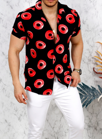 CAMASI - camasa neagra cercuri cu rosu maneca scurta