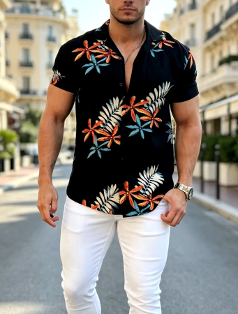 Camasi Luxury - camasa neagra flori albastre portocaliu 2032