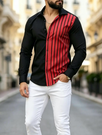 Camasi Luxury - camasa neagra jumatate rosie dungi negre subtiri