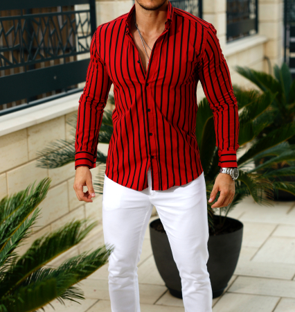 Camasi Luxury - camasa rosie cu dungi negre