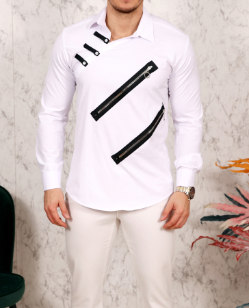 Camasi Luxury - Camasa slim fit alba cu fermoare negre