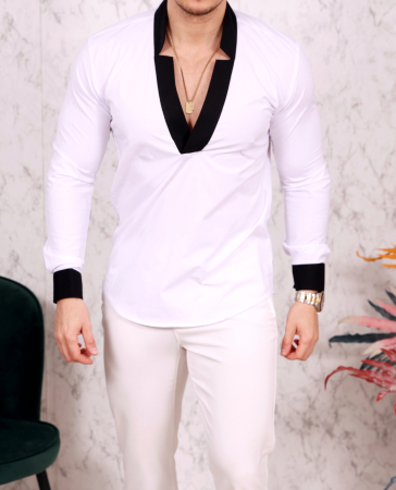 Camasi Luxury - Camasa slim fit alba cu guler negru tunica
