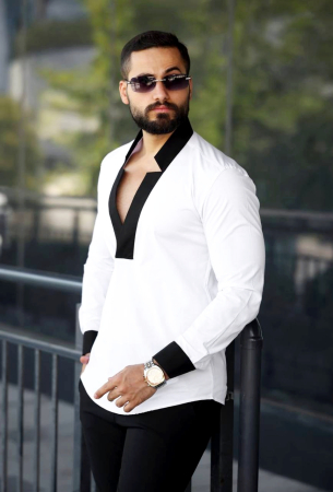 Camasi Luxury - Camasa slim fit alba cu guler negru tunica