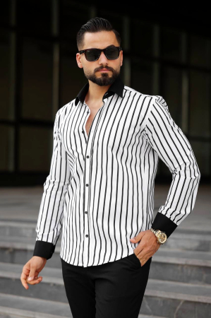 Camasi Luxury - Camasa slim fit dungi cu mansete si guler negru