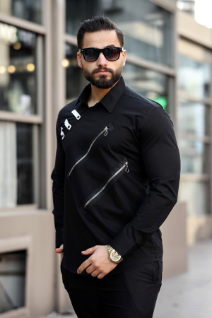 Camasi Luxury - Camasa slim fit neagra cu fermoare decorative