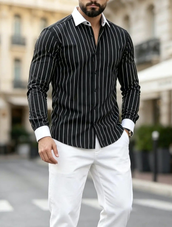 Camasi Luxury - Camasa slim fit neagra cu guler alb si dungi elegante