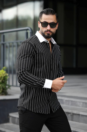 Camasi Luxury - Camasa slim fit neagra cu guler alb si dungi elegante