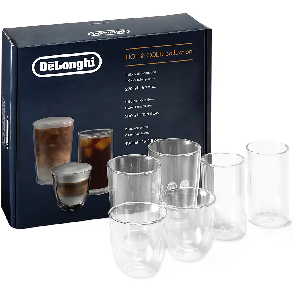 Accesorii espressoare - DeLonghi Hot & Cold Collection set 6 pahare de sticlă termorezistentă, perete dublu, 2x270ml, 2x300ml, 2x480ml