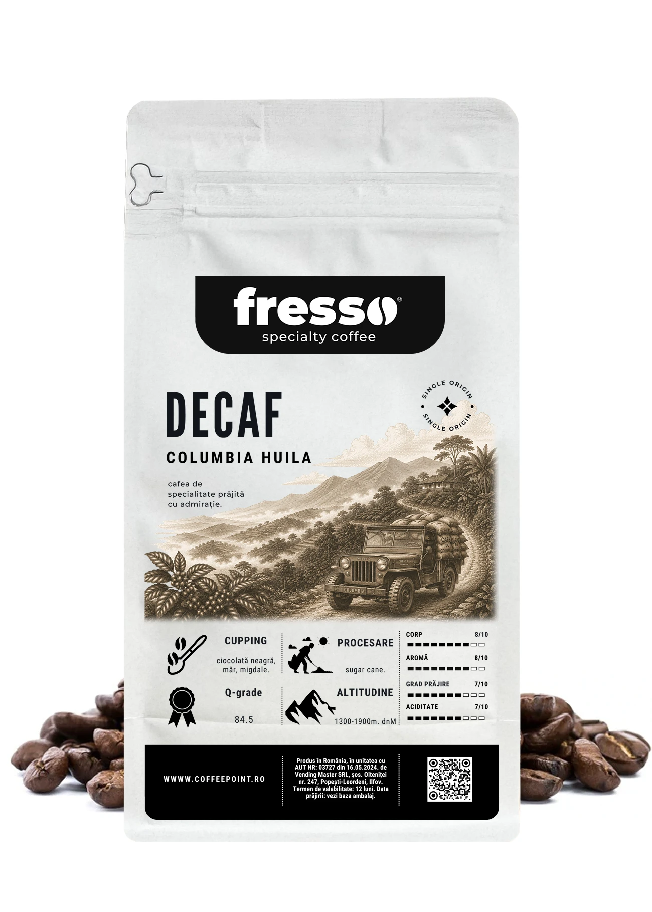 Cafea boabe Fresso - Fresso Columbia Huila cafea boabe de specialitate proaspăt prăjită și decofeinizată