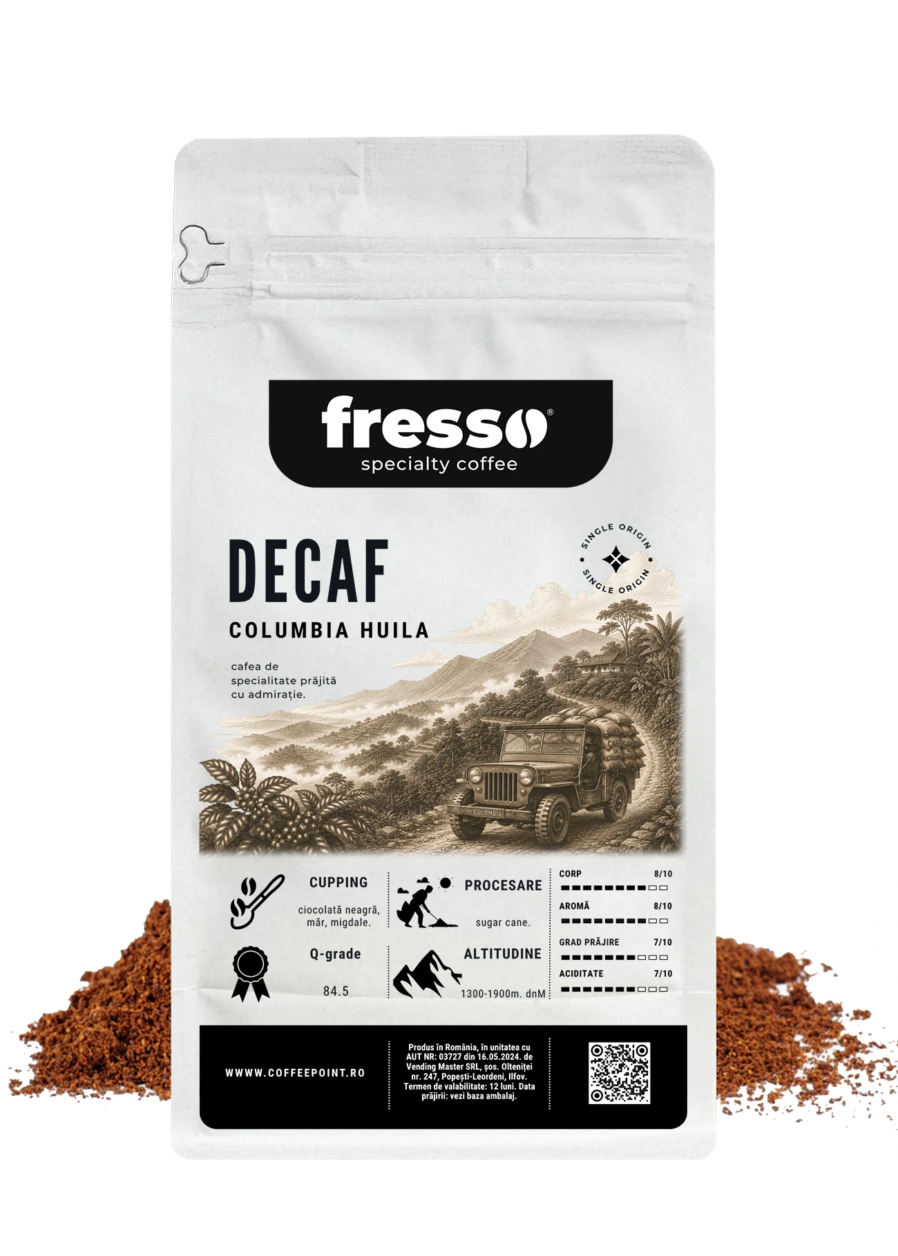 Cafea macinata - Fresso Columbia Huila cafea de specialitate decofeinizată proaspăt prăjită și măcinată
