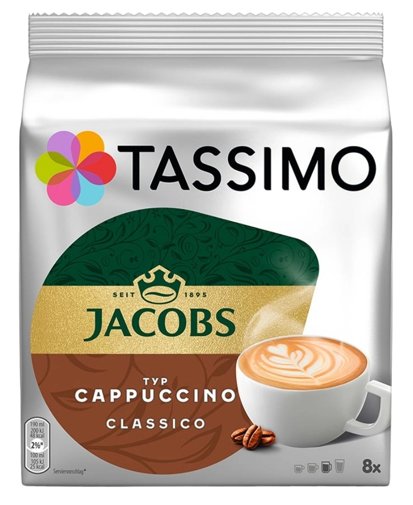 Capsule de Cafea - Jacobs Tassimo Cappuccino capsule cafea 8 bauturi x 190 ml, (8 cafea + 8 lapte) 260g