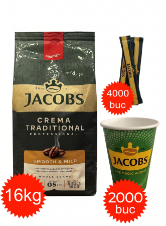 Pachete Promo - Pachet Jacobs Crema Traditional, pahare 7oz Jacobs si zahar Jacobs