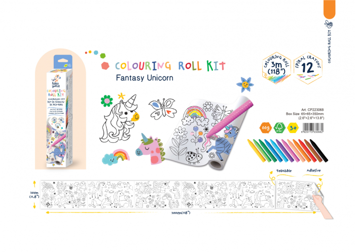 Kit rola de desenat 3 m si 12 creioane colorate cerate, Haku Yoka - Unicorni [2]