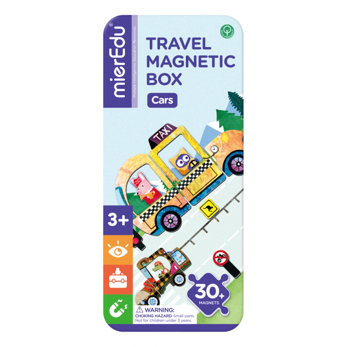 Puzzle magnetic in cutie metalica, joc de potrivire si asociere - Masini [4]