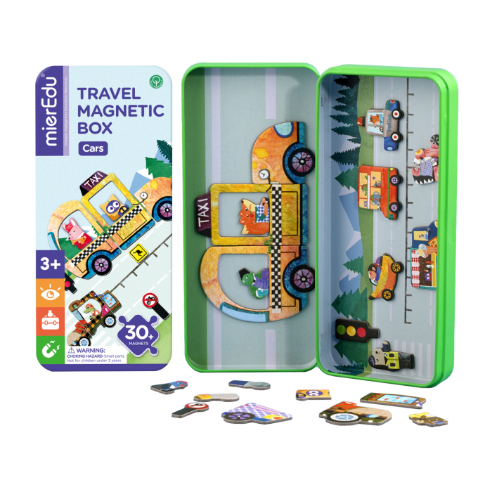 Puzzle magnetic in cutie metalica, joc de potrivire si asociere - Masini [2]