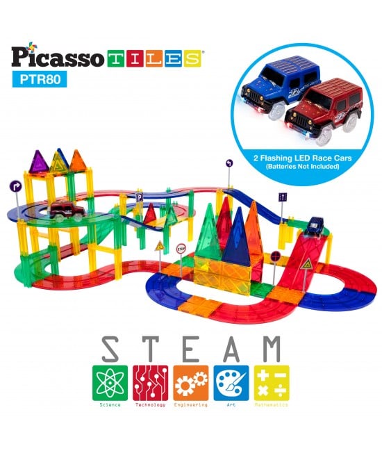 Set PicassoTiles Pistă De Curse - 80 Piese Magnetice De Construcție Colorate - 2 Mașini Cu LED-Uri [4]