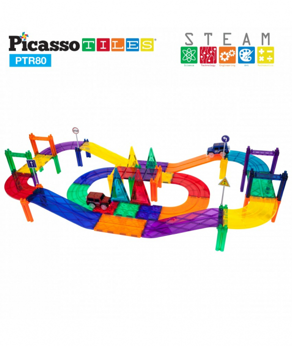 Set PicassoTiles Pistă De Curse - 80 Piese Magnetice De Construcție Colorate - 2 Mașini Cu LED-Uri [3]