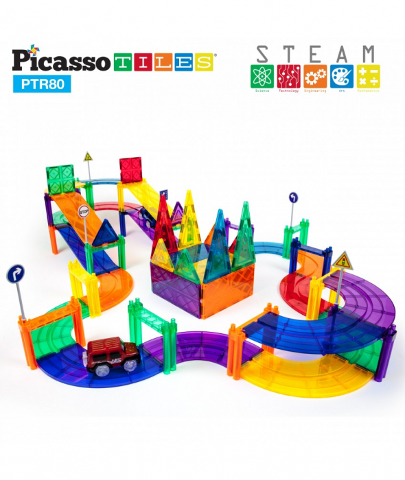 Set PicassoTiles Pistă De Curse - 80 Piese Magnetice De Construcție Colorate - 2 Mașini Cu LED-Uri [2]