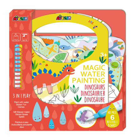 5-7 ani - Carte de pictat cu apa, stickere si jocuri, portabila - Dinozauri