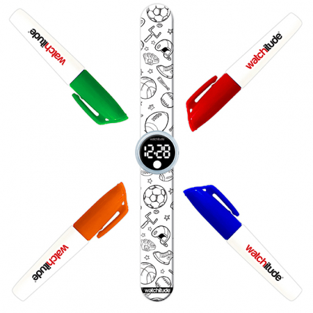 5-7 ani - Ceas digital pentru copii model mingii, cu bratara recolorabila, din silicon slap-on
