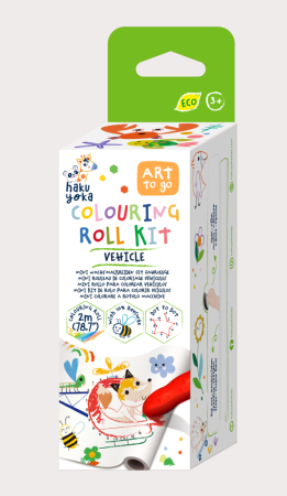 Noutati - Kit rola de desenat Uneste punctele - 2 m, include 4 creioane colorate cerate, Vehicule - Haku Yoka