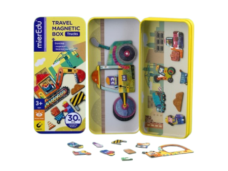 Noutati - Puzzle magnetic in cutie metalica, joc de potrivire si asociere - Camioane