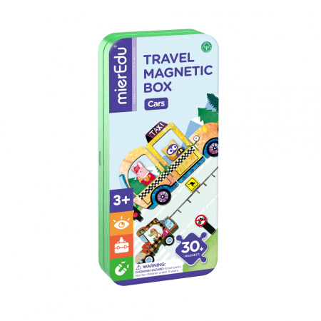 Noutati - Puzzle magnetic in cutie metalica, joc de potrivire si asociere - Masini