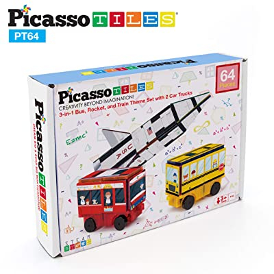 Jocuri magnetice - Set 3-În-1 Cu Piese De Construcție Și Autocolante Magnetice (64 Piese) - Rachetă, Tren Și Autobuz Școlar