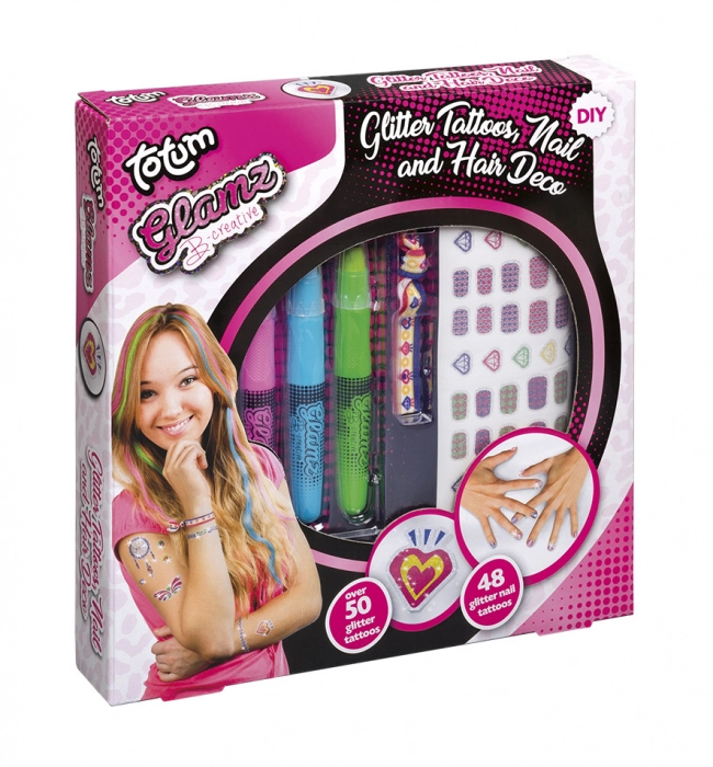 Jocuri de logică și de memorie - Set creativ 3 in 1, tatuaje cu sclipici, tatuaje cu sclipici pentru unghii si creioane pentru colorarea parului - Fashion Glamz