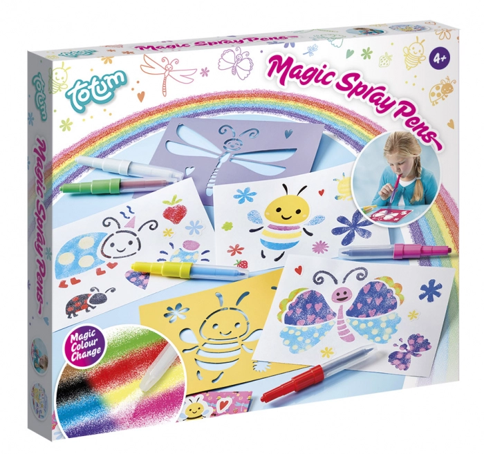 Jocuri de logică și de memorie - Set creativ de desenat cu sabloane si carioci spray si schimbare a culorii - Magic Spray pens