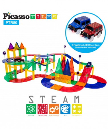 Set PicassoTiles Pistă De Curse - 80 Piese Magnetice De Construcție Colorate - 2 Mașini Cu LED-Uri [3]