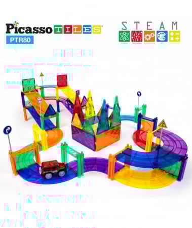 Set PicassoTiles Pistă De Curse - 80 Piese Magnetice De Construcție Colorate - 2 Mașini Cu LED-Uri [1]