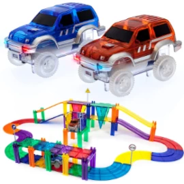 Reduceri - Set PicassoTiles Pistă de curse - 50 piese magnetice de construcție - conține 2 mașini cu LED-uri
