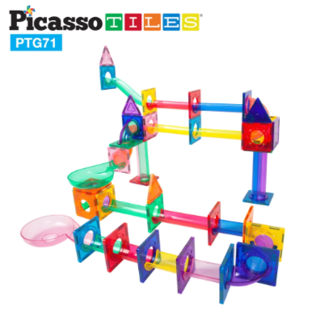 Jocuri de logică și de memorie - Set PicassoTiles Traseu magnetic pentru bile (marble run) - 71 de piese