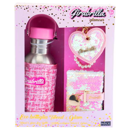Set sticlă de apă Tweed Girabrilla – sticlă cu husa tweed, breloc fashion și mini-jurnal cu paiete [0]