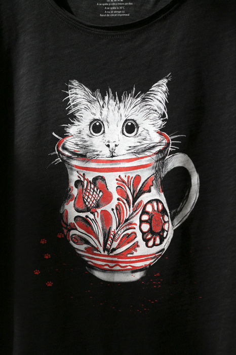 Tricou Pisică în ulcior, simboluri românești, damă, culoare neagră, CIR146 [2]