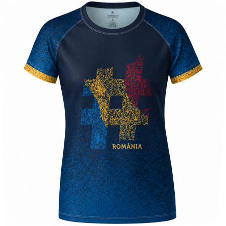 Tricou #România, material tehnic sport, damă, culoare bleumarin