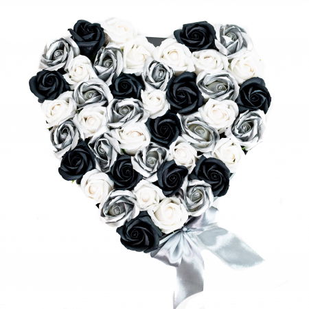 Aranjament Floral In Forma de Inima, Alb, Negru si Argintiu, 26 cm [3]