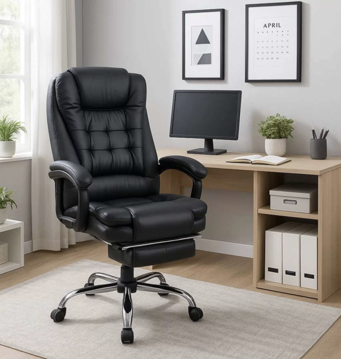 Scaun de birou EMPEROR, suport pentru picioare, recliner 135°, Piele ecologica, Negru [4]