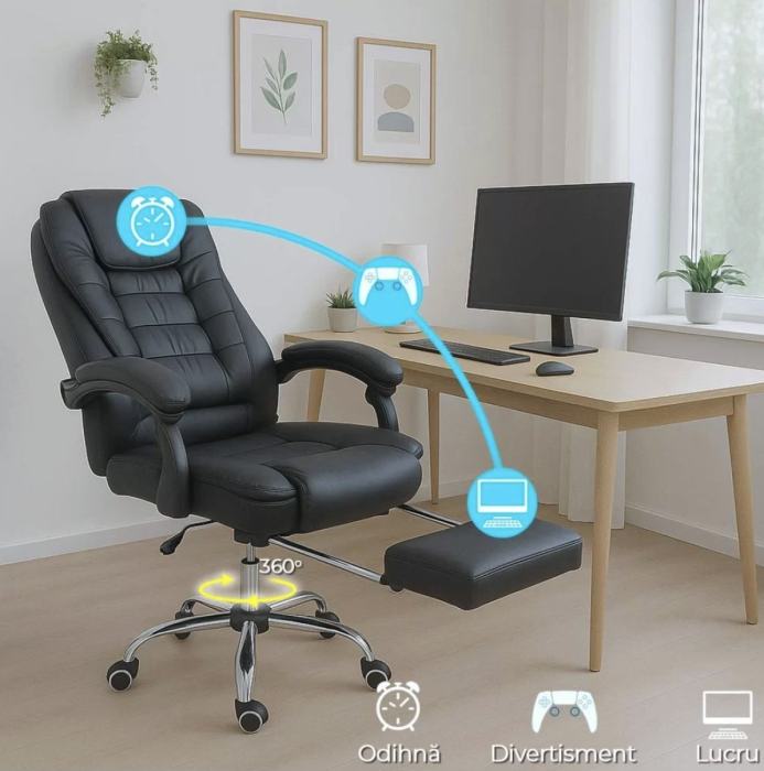 Scaun de birou EMPEROR, suport pentru picioare, recliner 135°, Piele ecologica, Negru [5]