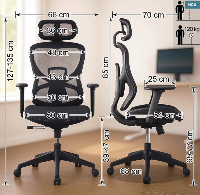 Scaun de birou ergonomic din Mesh cu brațe reglabile 3D DIABLO, Negru [5]